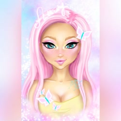 Size: 1080x1080 | Tagged: safe, artist:artisticallymichelle, imported from derpibooru, fluttershy, human, breasts, bust, cleavage, clothes, eyelashes, female, humanized, makeup, smiling