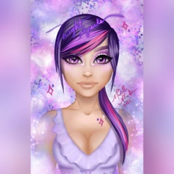 Size: 1080x1080 | Tagged: safe, artist:artisticallymichelle, imported from derpibooru, twilight sparkle, human, abstract background, breasts, bust, cleavage, clothes, eyelashes, female, humanized, makeup, smiling, solo