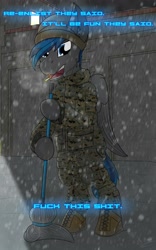 Size: 2500x4000 | Tagged: safe, artist:kamithepony, imported from derpibooru, oc, oc only, oc:atom bomb, pegasus, pony, cigarette, clothes, female, military, military uniform, mop, snow, solo, standing, text, uniform