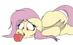 Size: 1124x688 | Tagged: safe, artist:blitzyflair, imported from derpibooru, imported from ponybooru, fluttershy, bat pony, pony, apple, bat ponified, eyelashes, face down ass up, fangs, female, flutterbat, food, licking, looking at something, lying down, mare, open mouth, race swap, simple background, solo, tongue out, white background