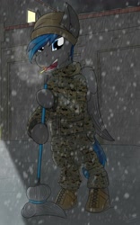 Size: 2500x4000 | Tagged: safe, alternate version, artist:kamithepony, imported from derpibooru, oc, oc only, oc:atom bomb, pegasus, pony, cigarette, clothes, female, military, military uniform, mop, snow, solo, standing, text, uniform