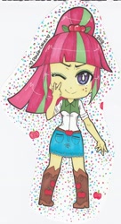 Size: 1632x3004 | Tagged: safe, artist:icy-daydreams, imported from derpibooru, sour sweet, equestria girls, boots, clothes, cowboy boots, female, high heel boots, one eye closed, peace sign, rubber boots, shoes, signature, solo, traditional art, wink