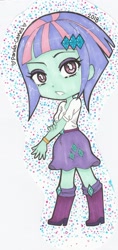 Size: 1344x2848 | Tagged: safe, artist:icy-daydreams, imported from derpibooru, sunny flare, equestria girls, boots, bracelet, chibi, clothes, cutie mark, cutie mark on clothes, female, high heel boots, jewelry, rubber boots, shoes, signature, skirt, solo, traditional art