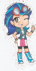 Size: 1452x2884 | Tagged: safe, artist:icy-daydreams, imported from derpibooru, indigo zap, human, equestria girls, :d, boots, bracelet, clothes, compression shorts, confident, cutie mark, cutie mark on clothes, ear piercing, earring, female, goggles, goggles on head, hand on hip, high heel boots, jewelry, knee-high boots, looking at you, multicolored hair, one eye closed, open mouth, peace sign, piercing, rubber boots, shoes, shorts, shorts under skirt, signature, skirt, smiling, smiling at you, solo, tomboy, traditional art, wink, winking at you, wristband