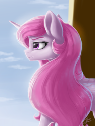 Size: 1500x2000 | Tagged: safe, artist:evedizzy26, imported from derpibooru, princess celestia, alicorn, pony, blurry background, female, folded wings, long mane, looking forward, mare, pink-mane celestia, profile, signature, sky, solo, wings, younger