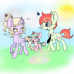 Size: 640x640 | Tagged: safe, artist:cinnavee, imported from derpibooru, oc, oc only, pony, unicorn, colt, female, flower, flower in hair, glasses, horn, male, mare, necktie, outdoors, stallion, sun, unicorn oc