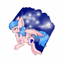 Size: 640x640 | Tagged: safe, artist:cinnavee, imported from derpibooru, oc, oc only, pegasus, pony, ear fluff, flying, night, pegasus oc, simple background, solo, stars, thinking, white background, wings