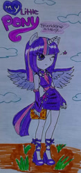 Size: 845x1805 | Tagged: safe, artist:amyrosexshadowlover, imported from derpibooru, twilight sparkle, alicorn, human, alicorn humanization, boots, clothes, cloud, female, horn, horned humanization, humanized, one eye closed, outdoors, shoes, skirt, solo, traditional art, twilight sparkle (alicorn), winged humanization, wings, wink