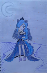 Size: 1037x1616 | Tagged: safe, artist:amyrosexshadowlover, imported from derpibooru, princess luna, human, clothes, crescent moon, dress, female, high heels, humanized, jewelry, moon, outdoors, shoes, smiling, solo, tiara, traditional art, winged humanization, wings