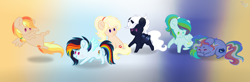 Size: 2558x836 | Tagged: safe, artist:purplepotato04, imported from derpibooru, oc, oc only, oc:apple sew, oc:arctic dust, oc:cosmic dash, oc:prism borealis, oc:pristine apple, oc:redlove streak, alicorn, earth pony, pegasus, pony, unicorn, chibi, female, interdimensional siblings, magical lesbian spawn, mare, offspring, parent:applejack, parent:rainbow dash, parent:soarin', parent:trenderhoof, parents:appledash, parents:soarindash, parents:trenderjack