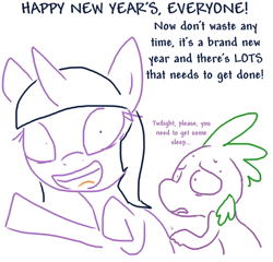 Size: 626x600 | Tagged: source needed, useless source url, safe, artist:the weaver, artist:weaver, imported from derpibooru, spike, twilight sparkle, happy new year, holiday, shrunken pupils, sketch, sleep deprivation, twilight snapple