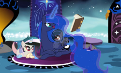 Size: 1024x620 | Tagged: safe, artist:velveagicsentryyt, imported from derpibooru, princess luna, oc, oc:moonlight sonata, oc:mysterilestia, hybrid, pony, book, female, filly, interspecies offspring, lying down, magic, obtrusive watermark, offspring, parent:discord, parent:king sombra, parent:princess celestia, parent:princess luna, parents:dislestia, parents:lumbra, prone, watermark