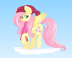 Size: 3814x3095 | Tagged: safe, artist:dreamy990, artist:nightydream, imported from derpibooru, fluttershy, pegasus, pony, clothes, cute, ear fluff, female, hat, high res, mare, raised hoof, raised leg, scarf, shyabetes, smiling, snow, solo, spread wings, wings, winter outfit