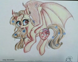 Size: 604x475 | Tagged: safe, artist:maryhoovesfield, imported from derpibooru, oc, oc only, bat pony, pony, bat pony oc, bat wings, eyelashes, fangs, female, mare, signature, solo, traditional art, wings