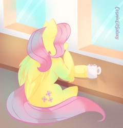 Size: 1970x2048 | Tagged: safe, artist:galaxy_skittles, imported from derpibooru, fluttershy, chocolate, cute, elbow fluff, food, frog (hoof), hot chocolate, shyabetes, underhoof