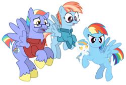 Size: 1280x870 | Tagged: safe, artist:aleximusprime, imported from derpibooru, bow hothoof, rainbow dash, windy whistles, oc, oc:misty blitz, pony, fanfic:calming of the storm, flurry heart's story, angry, clothes, female, flying, glasses, husband and wife, male, mama dash, offspring, older, parent:bow hothoof, parent:oc:thunderhead, parent:rainbow dash, parent:thunderlane, parent:windy whistles, parents:canon x oc, parents:thunderdash, shirt, shocked, shorter hair