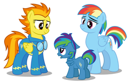Size: 1280x836 | Tagged: safe, artist:aleximusprime, imported from derpibooru, rainbow dash, spitfire, oc, oc:storm streak, pegasus, pony, fanfic:calming of the storm, flurry heart's story, alternate hairstyle, apologetic, clothes, colt, male, offspring, older, parent:oc:thunderhead, parent:rainbow dash, parent:thunderlane, parents:canon x oc, parents:thunderdash, shorter hair, show accurate, uniform, wonderbolts, wonderbolts uniform