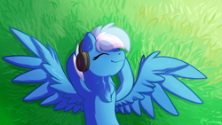 Size: 1024x576 | Tagged: safe, artist:exobass, imported from derpibooru, oc, oc only, oc:exobass, pegasus, pony, background, grass, headphones, lying down, music, pegasus oc, smiling, stretching, summer, wings