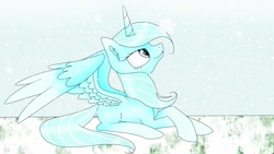 Size: 1920x1080 | Tagged: safe, artist:emalajiss36, imported from derpibooru, oc, oc only, alicorn, pony, alicorn oc, eyelashes, horn, looking up, lying down, prone, smiling, snow, snowflake, wings