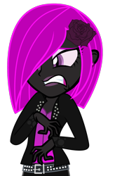 Size: 1099x1672 | Tagged: safe, artist:amgiwolf, imported from derpibooru, oc, oc only, oc:pinky rose, equestria girls, clothes, disgusted, ear piercing, equestria girls-ified, eyelashes, female, flower, flower in hair, jacket, lipstick, makeup, piercing, rose, simple background, solo, transparent background