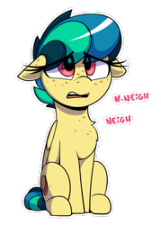 Size: 549x768 | Tagged: safe, artist:shinodage, oc, oc only, oc:apogee, pegasus, pony, chest fluff, chest freckles, ear freckles, female, filly, floppy ears, freckles, neigh, open mouth, simple background, sitting, solo, transparent background