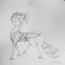Size: 2048x2034 | Tagged: safe, artist:skitsniga, songbird serenade, pegasus, pony, my little pony: the movie, bow, cheek fluff, chest fluff, clothes, female, hair over eyes, heart, hooves, leonine tail, mare, smiling, solo, traditional art, unshorn fetlocks, wings