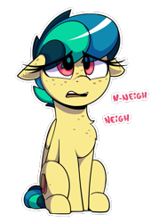 Size: 549x768 | Tagged: safe, artist:shinodage, oc, oc only, oc:apogee, pegasus, pony, chest fluff, chest freckles, ear freckles, ears, female, filly, floppy ears, freckles, neigh, open mouth, simple background, sitting, solo, transparent background