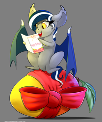 Size: 2500x3000 | Tagged: safe, artist:skitsniga, oc, oc only, bat pony, pony, birthday, birthday card, female, food, mango, mare, open mouth, reading, sitting, solo