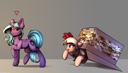 Size: 3500x2000 | Tagged: safe, artist:skitsniga, oc, oc only, oc:eleane tih, oc:mayata, pegasus, pony, unicorn, box, cardboard box, chicken hat, dock, duo, female, horn, mare, metal gear solid 5, metal gear solid: peace walker, pounce, raised hoof, tongue out, wings