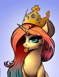 Size: 2300x3000 | Tagged: safe, artist:skitsniga, imported from ponybooru, oc, oc only, oc:sheron, pony, unicorn, burger king, burger king crown, cookie, female, food, gradient background, gradient mane, horn, looking at you, mare, solo