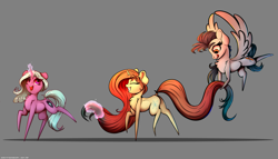 Size: 3500x2000 | Tagged: safe, artist:skitsniga, imported from ponybooru, oc, oc only, oc:eleane tih, oc:mayata, oc:sheron, pegasus, pony, unicorn, dock, female, flying, horn, long mane, long tail, magic, mare, open mouth, smiling, spread wings, telekinesis, tongue out, trio, wings