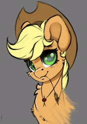 Size: 1668x2388 | Tagged: safe, artist:skitsniga, applejack, earth pony, pony, bust, drawn on ipad, female, freckles, gray background, jewelry, looking at you, mare, necklace, simple background, solo, straw in mouth