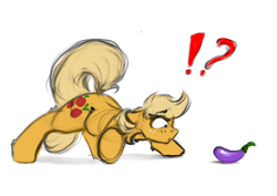 Size: 3508x2480 | Tagged: safe, artist:skitsniga, imported from ponybooru, applejack, earth pony, pony, chest fluff, dock, eggplant, exclamation point, female, food, interrobang, mare, question mark, simple background, sketch, solo, white background