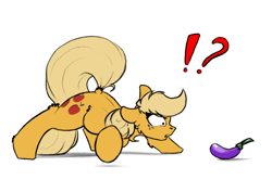 Size: 3508x2480 | Tagged: safe, artist:skitsniga, applejack, earth pony, pony, chest fluff, dock, eggplant, exclamation point, female, food, interrobang, mare, question mark, simple background, solo, white background