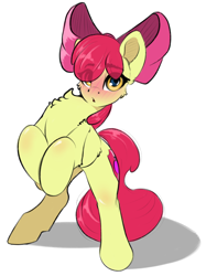 Size: 1530x2048 | Tagged: safe, artist:skitsniga, apple bloom, earth pony, pony, blushing, chest fluff, female, filly, looking at you, rearing, simple background, solo, white background