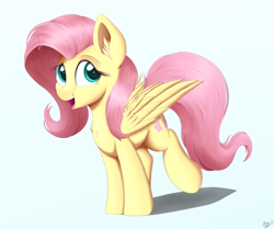 Size: 3000x2503 | Tagged: safe, artist:arcane-thunder, imported from derpibooru, fluttershy, pegasus, pony, chest fluff, cute, daaaaaaaaaaaw, ear fluff, female, high res, looking at you, mare, open mouth, raised leg, shyabetes, simple background, smiling, solo, spread wings, standing, stray strand, three quarter view, white background, wings