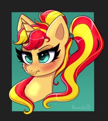 Size: 1320x1484 | Tagged: safe, artist:confetticakez, imported from derpibooru, sunset shimmer, pony, unicorn, equestria girls, alternate hairstyle, blushing, bust, ponytail, scrunchy face, solo