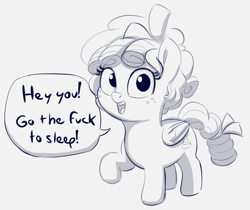 Size: 1260x1056 | Tagged: safe, artist:heretichesh, imported from derpibooru, cozy glow, pegasus, female, filly, go the fuck to sleep, go to sleep, looking at you, monochrome, speech bubble, swearing, vulgar