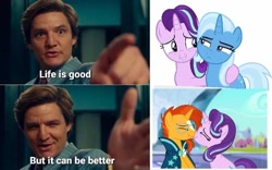 Size: 700x438 | Tagged: safe, imported from derpibooru, starlight glimmer, sunburst, trixie, female, lesbian, life is good but it can be better, male, maxwell lord, meme, shipping, starburst, startrix, straight, wonder woman 1984