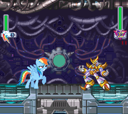 Size: 269x240 | Tagged: safe, imported from derpibooru, rainbow dash, pegasus, pony, angry, boss battle, crossover, double (mega man x4), evil, health bars, mega man x4, megaman x4, mockup, pixelated, video game, video game crossover