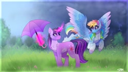 Size: 3840x2160 | Tagged: safe, artist:aaa-its-spook, imported from derpibooru, rainbow dash, twilight sparkle, pegasus, pony, unicorn, alternate design, chest fluff, curved horn, female, fluffy, flying, glowing horn, horn, lesbian, lightning, looking at each other, magic, shipping, smiling, telekinesis, twidash, umbrella, unicorn twilight