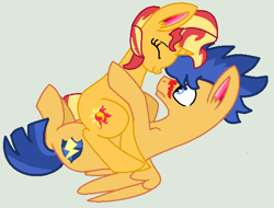 Size: 602x458 | Tagged: safe, artist:jadeharmony, artist:jadethepegasus, imported from derpibooru, flash sentry, sunset shimmer, pegasus, pony, unicorn, equestria girls, blushing, female, flashimmer, male, shipping, sitting on, sitting on person, sitting on pony, smiling, straight