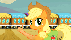 Size: 1920x1078 | Tagged: safe, artist:i-shooped-a-pwny, edit, edited screencap, editor:i-shooped-a-pwny, imported from derpibooru, screencap, applejack, season 2, the last roundup, 1000 hours in ms paint, abomination, applejack's hat, bag, cowboy hat, desert, hand, hat, human arm, looking back, majestic as fuck, mountain, not salmon, road, saddle bag, suddenly hands, this is why we can't have nice things, thumbs up, train, train tracks, wat, yeehaw