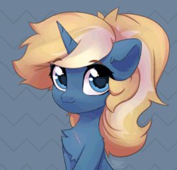 Size: 800x771 | Tagged: safe, artist:radioaxi, artist:reterica, imported from derpibooru, oc, oc only, oc:maple parapet, pony, unicorn, :3, :p, abstract background, animated, bust, chest fluff, clothes, colored pupils, commission, cute, ear fluff, eyes closed, female, fluffy, frame by frame, heart eyes, looking at you, mare, ocbetes, ponytail, scar, shoulder fluff, silly, smiling, solo, squigglevision, tongue out, weapons-grade cute, wingding eyes, ych result
