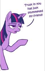 Size: 698x1108 | Tagged: artist needed, source needed, safe, imported from derpibooru, twilight sparkle, pony, unicorn, azumanga daioh, dialogue, raised hoof, reaction image, reference, solo, twilight is not amused, twilight sparkle is not amused, unamused, unicorn twilight