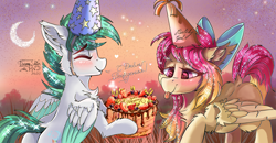 Size: 2500x1300 | Tagged: safe, artist:dreamyskies, artist:dreamyskiesarts, imported from derpibooru, oc, oc only, oc:dreamer skies, pegasus, pony, accessories, accessory, background pony, birthday, birthday cake, birthday gift, blushing, bow, bowtie, cake, chest fluff, cyrillic, dream, duo, ear fluff, eyes closed, female, floppy ears, fluffy, food, forest background, grass, grass field, hair bow, hat, heart eyes, male, mare, moon, party hat, pegasus oc, present, russian, scenery, shy, smiling, sparkles, stallion, stars, strawberry, sunset, text, tongue out, wingding eyes, wings