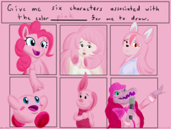 Size: 3600x2700 | Tagged: safe, artist:rockhoppr3, imported from derpibooru, pinkie pie, crocodile, earth pony, human, six fanarts, bna: brand new animal, crossover, kirby, kirby (character), kirby (series), multeity, nazuna hiwatashi, piglet, pink, puffball, rose quartz (steven universe), steven universe, the masked singer, too much pink energy is dangerous, winnie the pooh