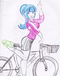 Size: 1093x1386 | Tagged: safe, artist:elgatosabio, imported from derpibooru, sonata dusk, equestria girls, adorasexy, bicycle, bike shorts, breasts, busty sonata dusk, butt, cute, female, legs, partial color, raised leg, sexy, solo, sonata donk, sonatabetes, thighs, tight clothing, traditional art