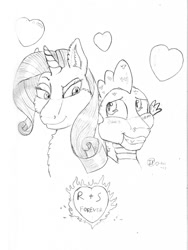 Size: 963x1280 | Tagged: safe, artist:jimfoxx, imported from derpibooru, rarity, spike, dragon, pony, unicorn, digital art, duo, female, heart, horn, looking at each other, male, mare, monochrome, shipping, simple background, sketch, sparity, straight, white background