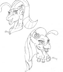 Size: 1116x1280 | Tagged: safe, artist:jimfoxx, imported from derpibooru, princess skystar, hippogriff, seapony (g4), my little pony: the movie, beak, bust, digital art, female, flower, flower in hair, jewelry, monochrome, necklace, open mouth, portrait, simple background, sketch, solo, white background